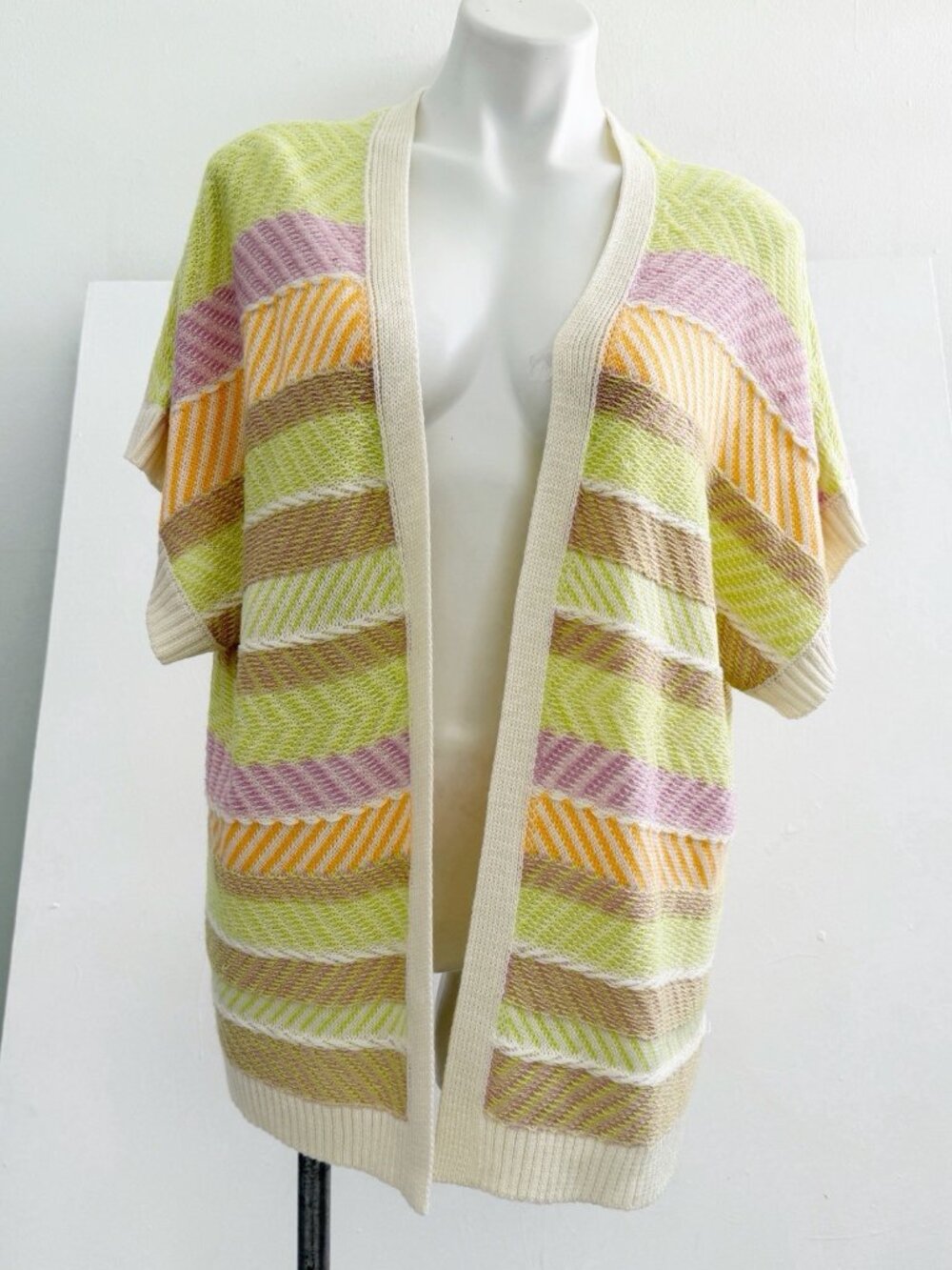 NEW Very J Open Front Cardigan Sweater SMALL Short Sleeve Striped Pastel Beige